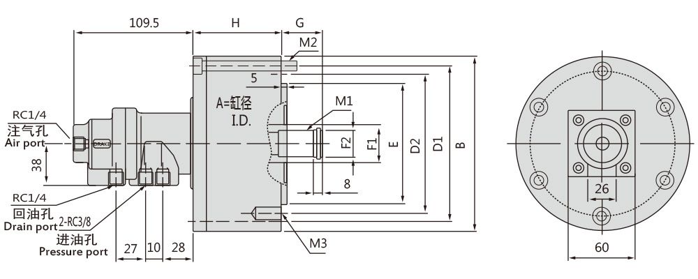 RL-AN Rotating Hydraulic Cylinder with Air Connection